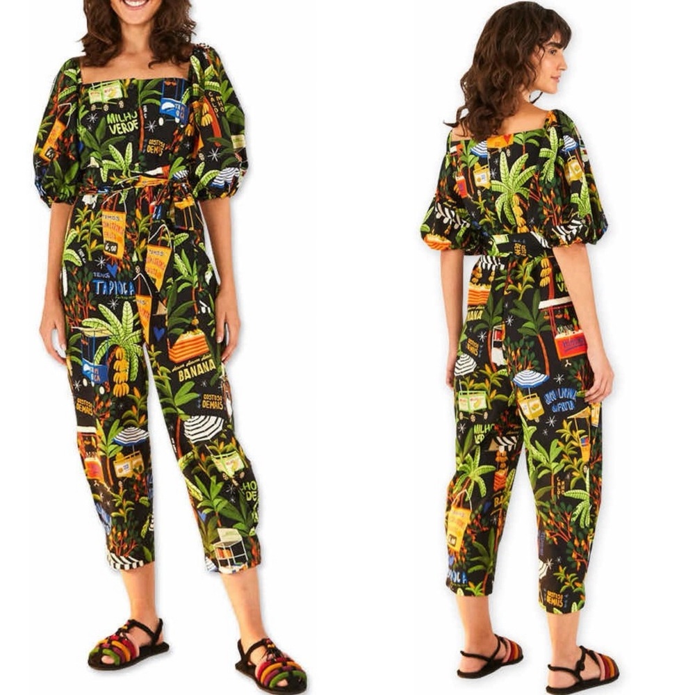 Farm Rio Tropical Fruit Print Puff Sleeve Jumpsuit Tie Waist - Picture 10 of 10